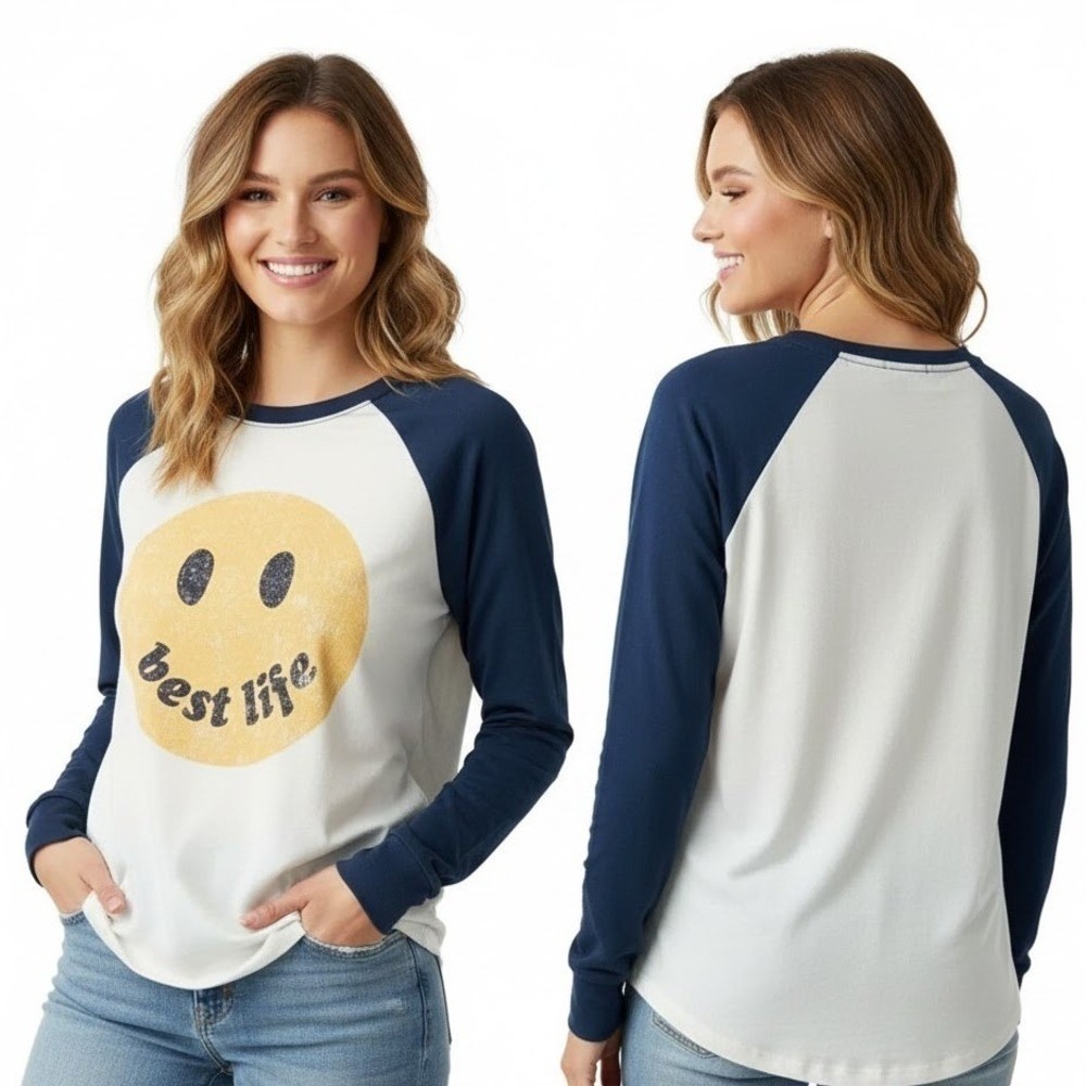 Zoe + Liv New Best Life Graphic Raglan Baseball Tee XS White‎ Navy Long Sleeve